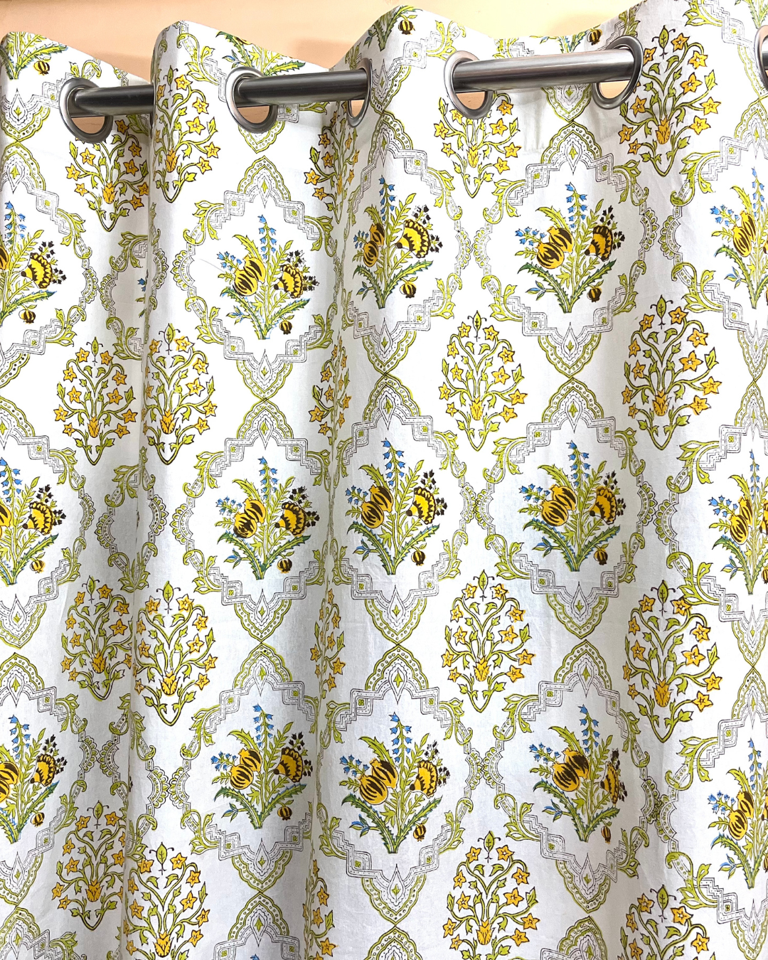 Cotton Curtain  Mustard-Green Floral Block Print