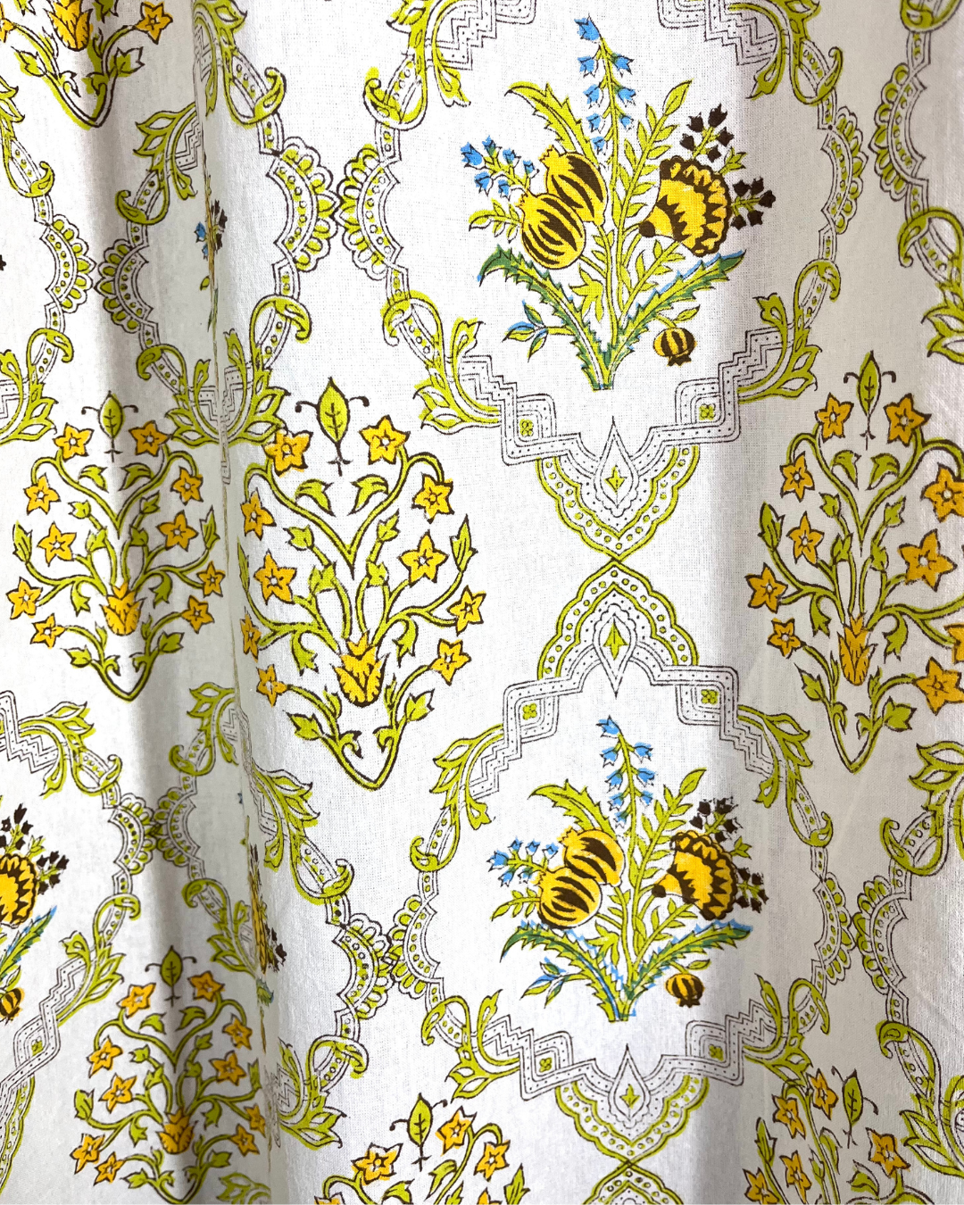 Cotton Curtain  Mustard-Green Floral Block Print