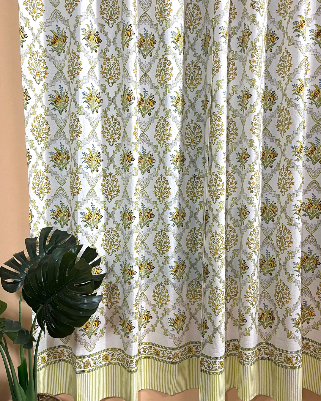 Cotton Curtain  Mustard-Green Floral Block Print
