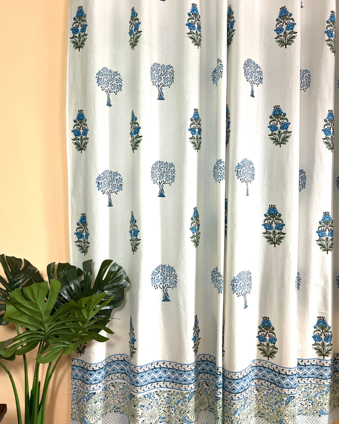 Cotton Curtain  Blue-Green Floral Block Print
