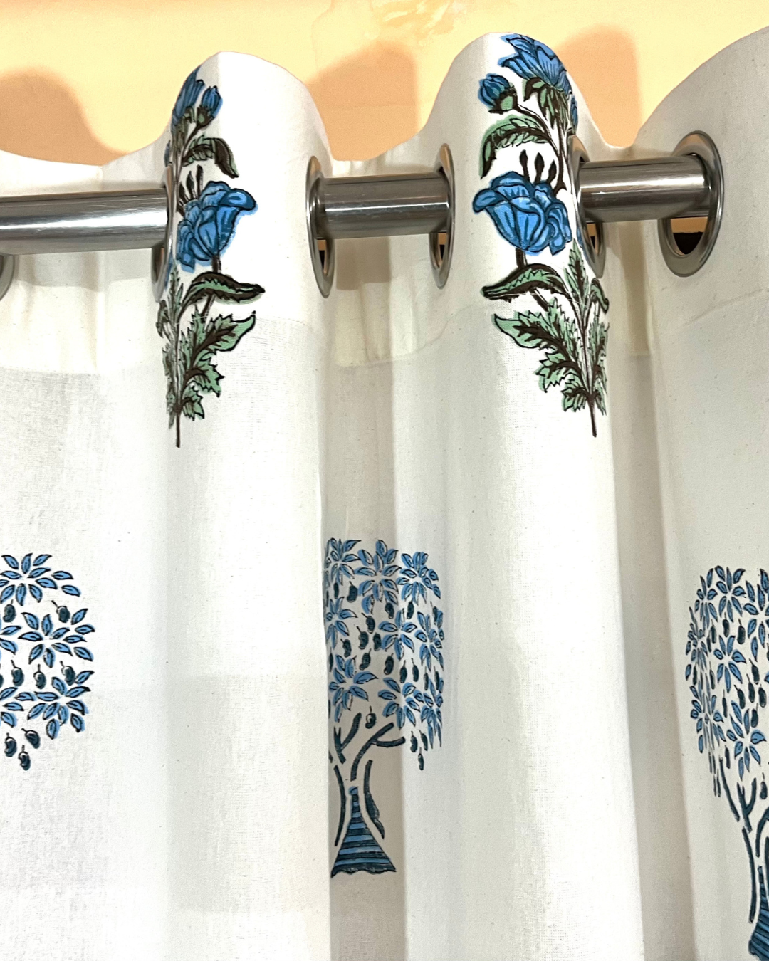 Cotton Curtain  Blue-Green Floral Block Print