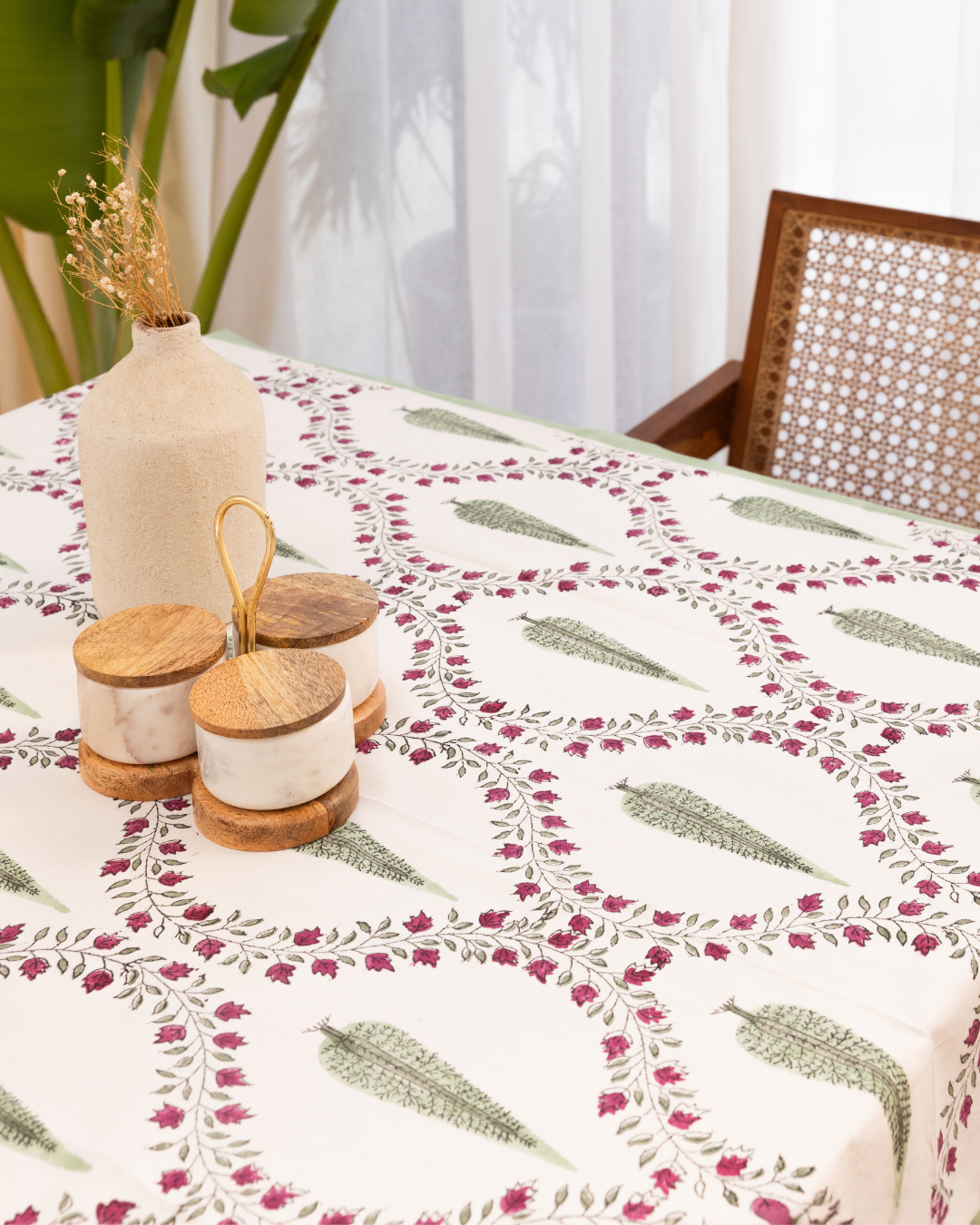 Cotton White Green Red Table Cover Jade Floral Jaal Block Print