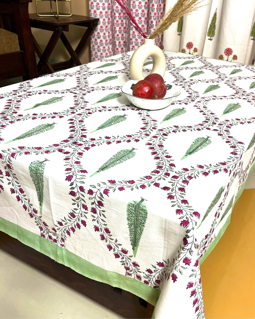 Cotton White Green Red Table Cover Jade Floral Jaal Block Print