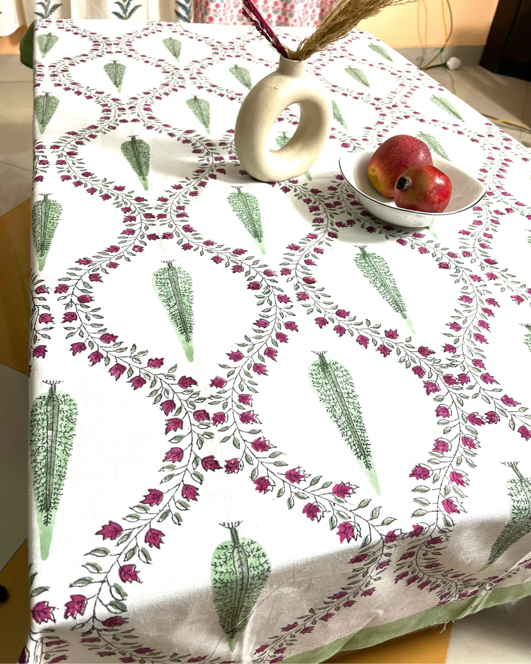Cotton White Green Red Table Cover Jade Floral Jaal Block Print
