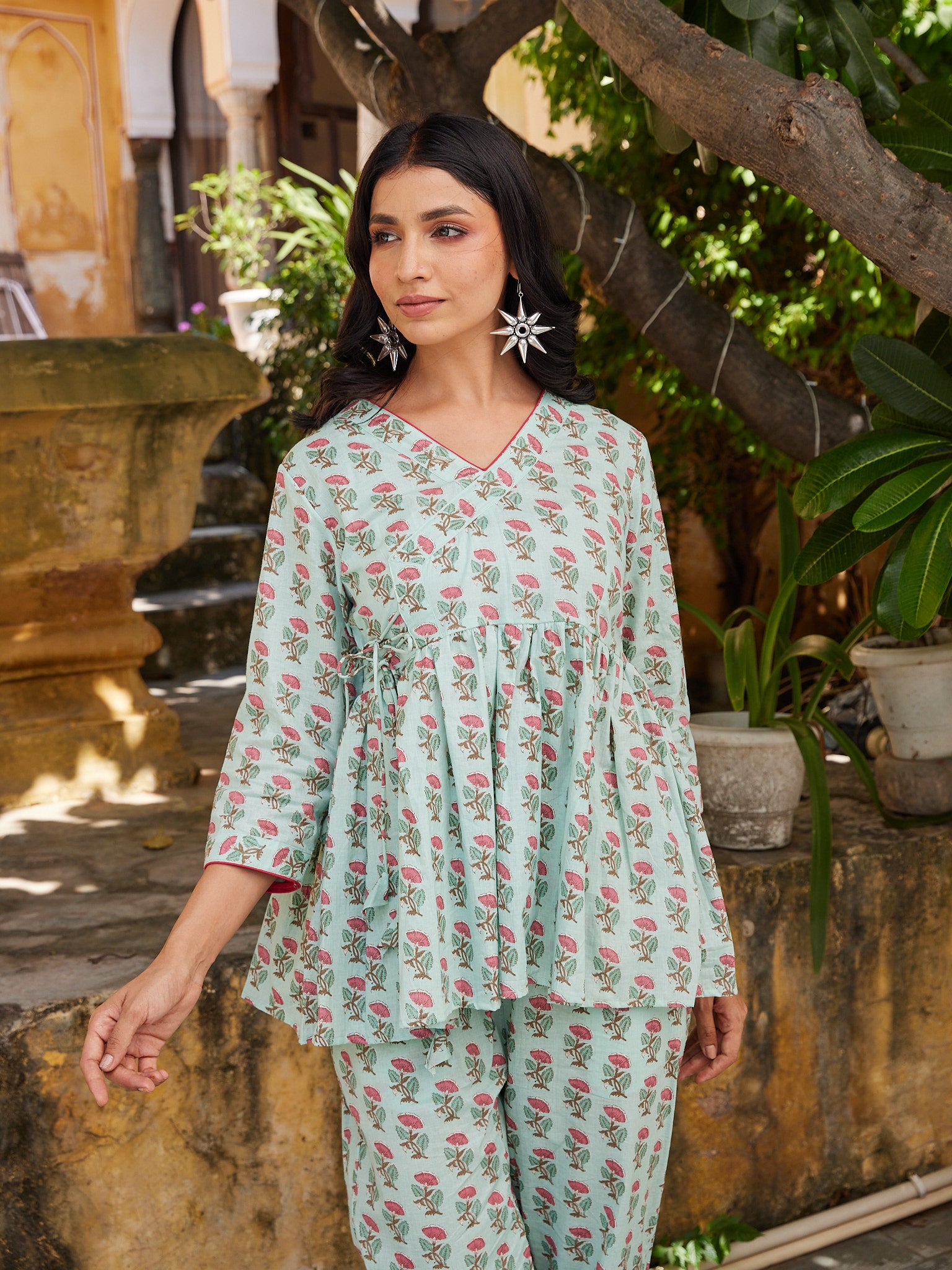 Cotton Greenish Blue-Pink Angrakha Short Kurti