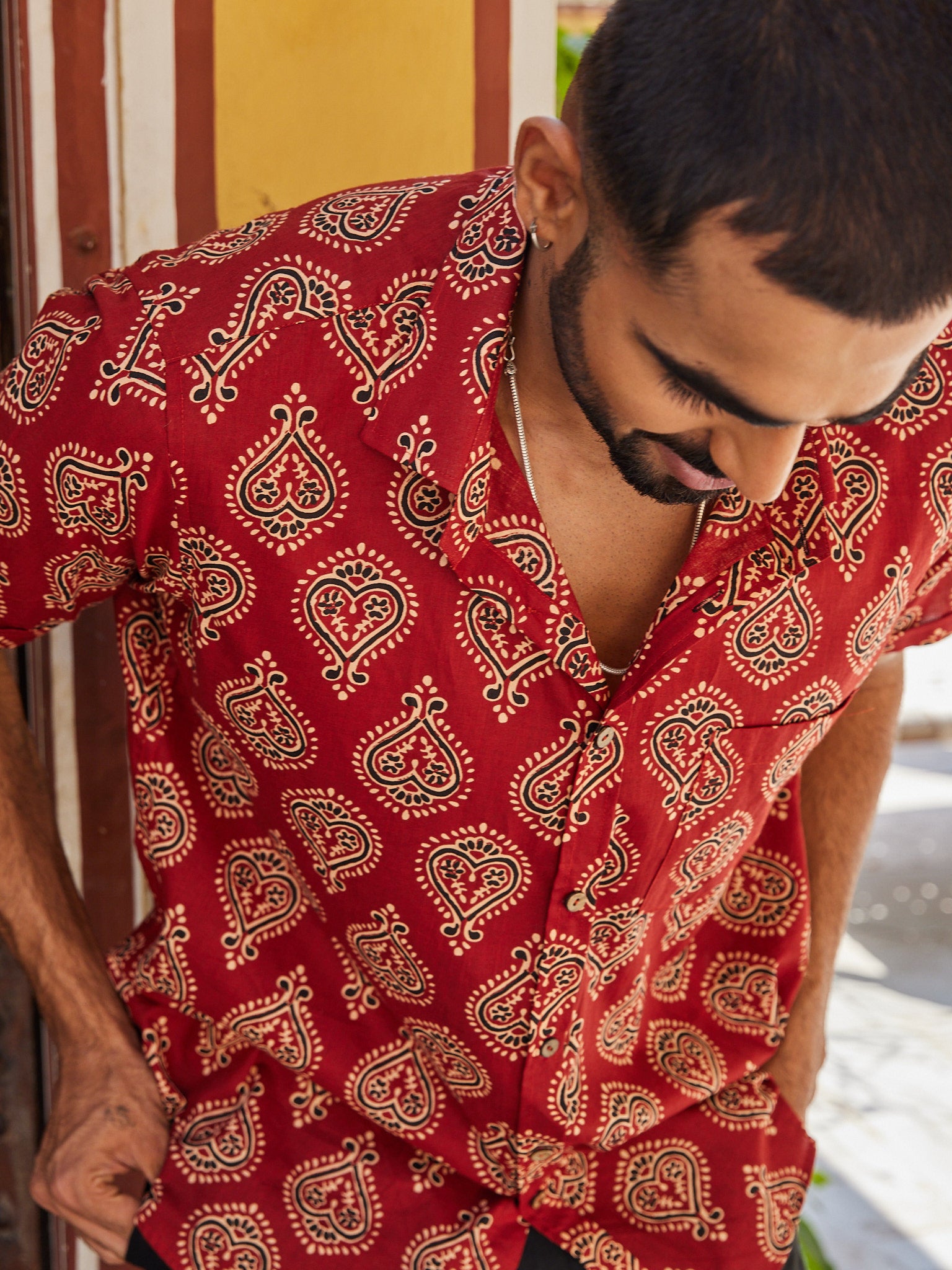 Cotton Red-Cream Paisley Half Sleeves Shirt