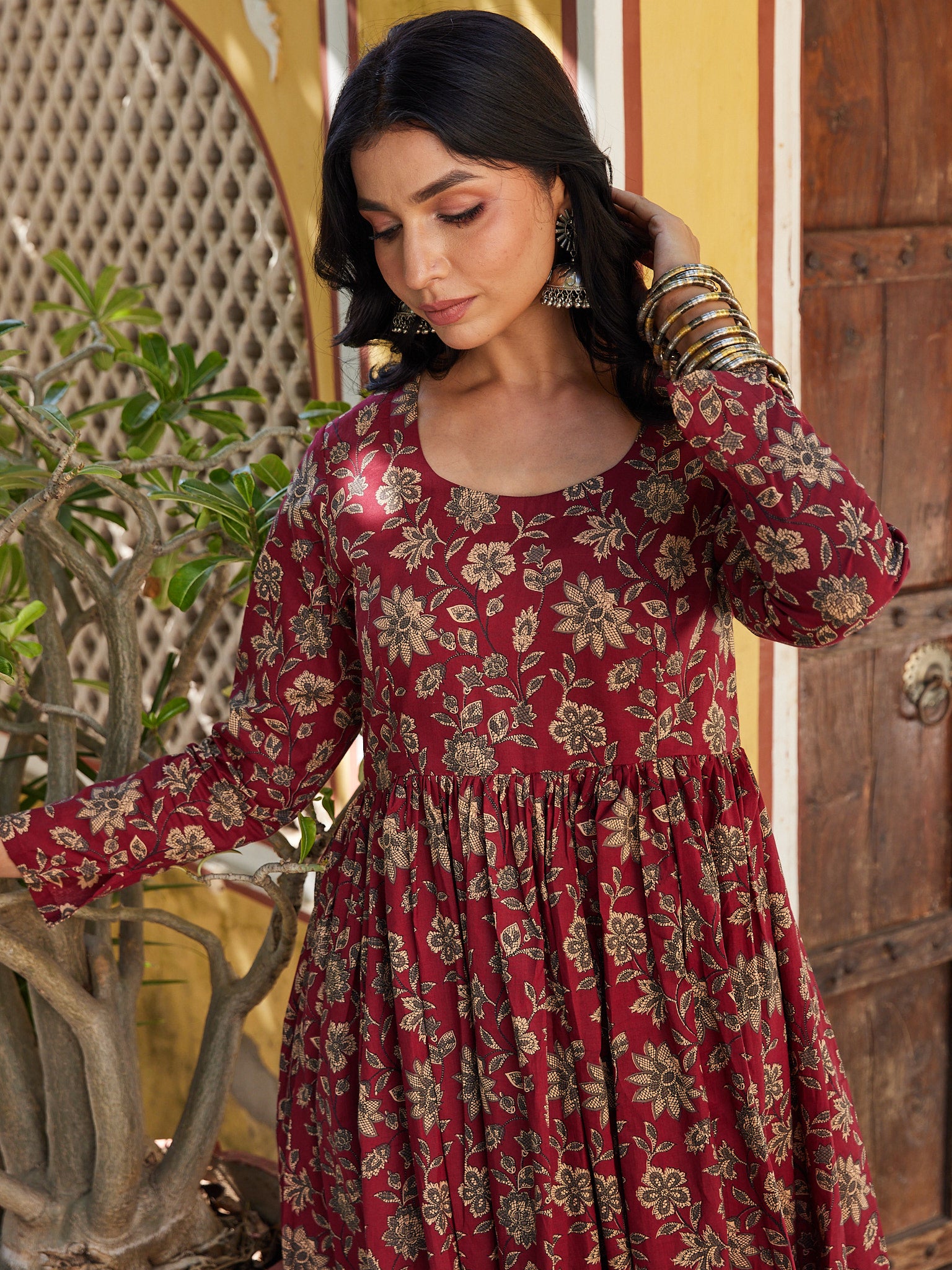 Cotton Women's Maroon-Cream Floral Long kurti