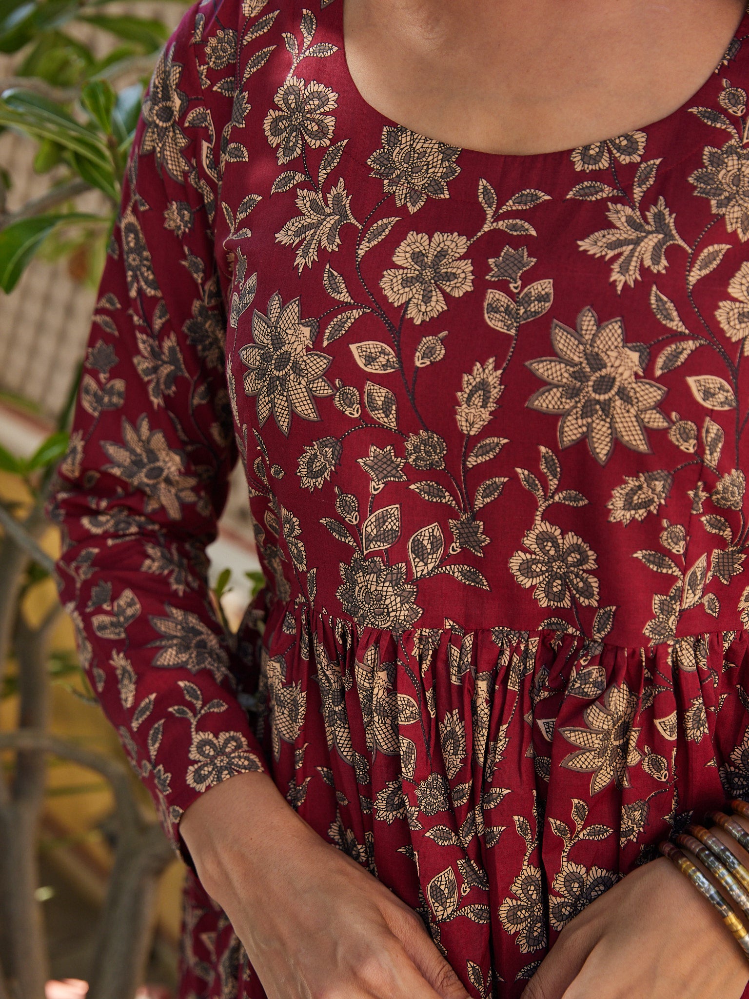 Cotton Women's Maroon-Cream Floral Long kurti