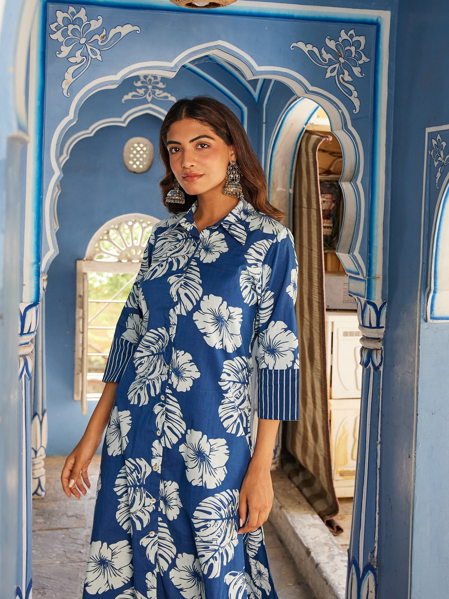 Cotton Blue-White Floral Women's Long Kurti