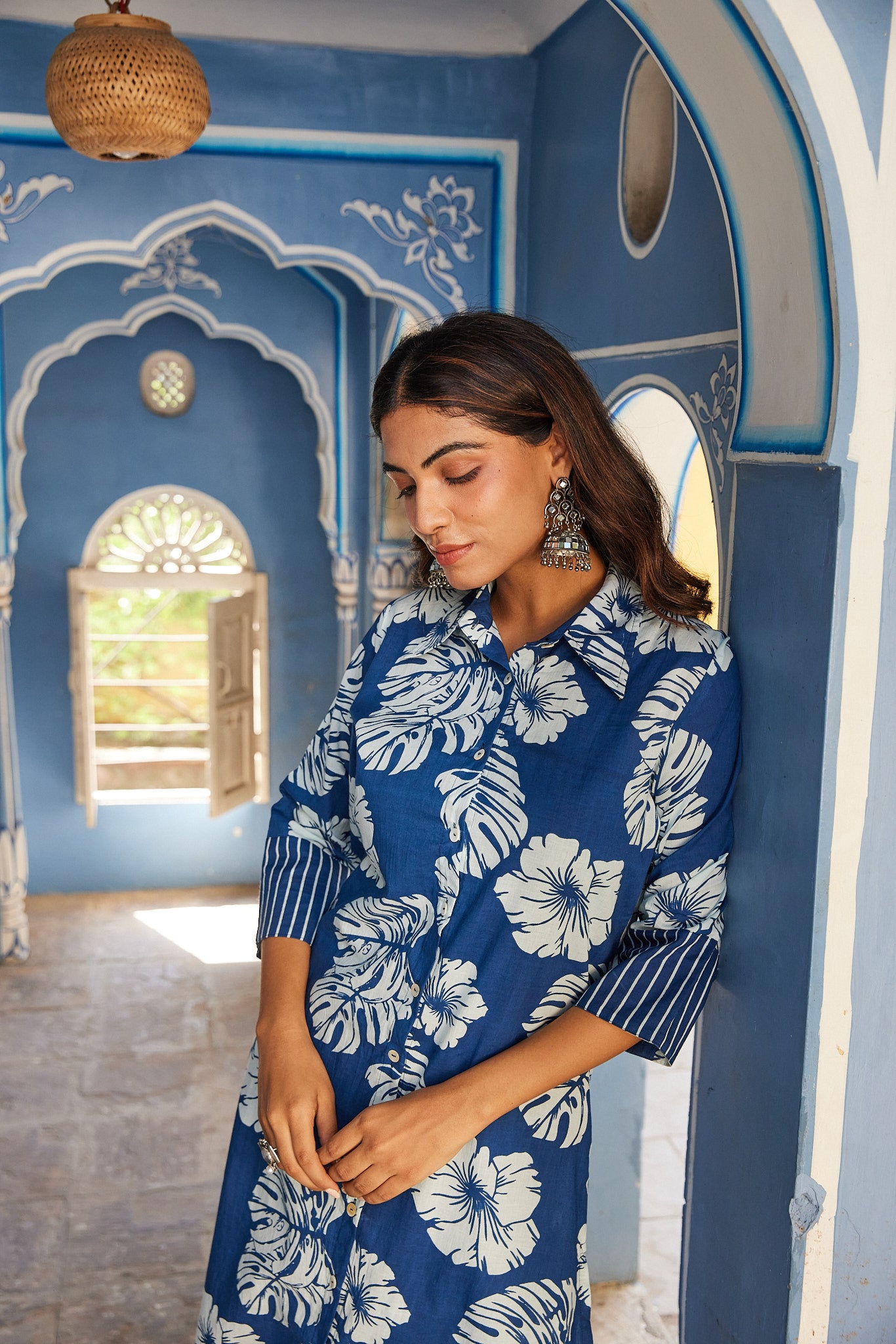 Cotton Blue-White Floral Women's Long Kurti