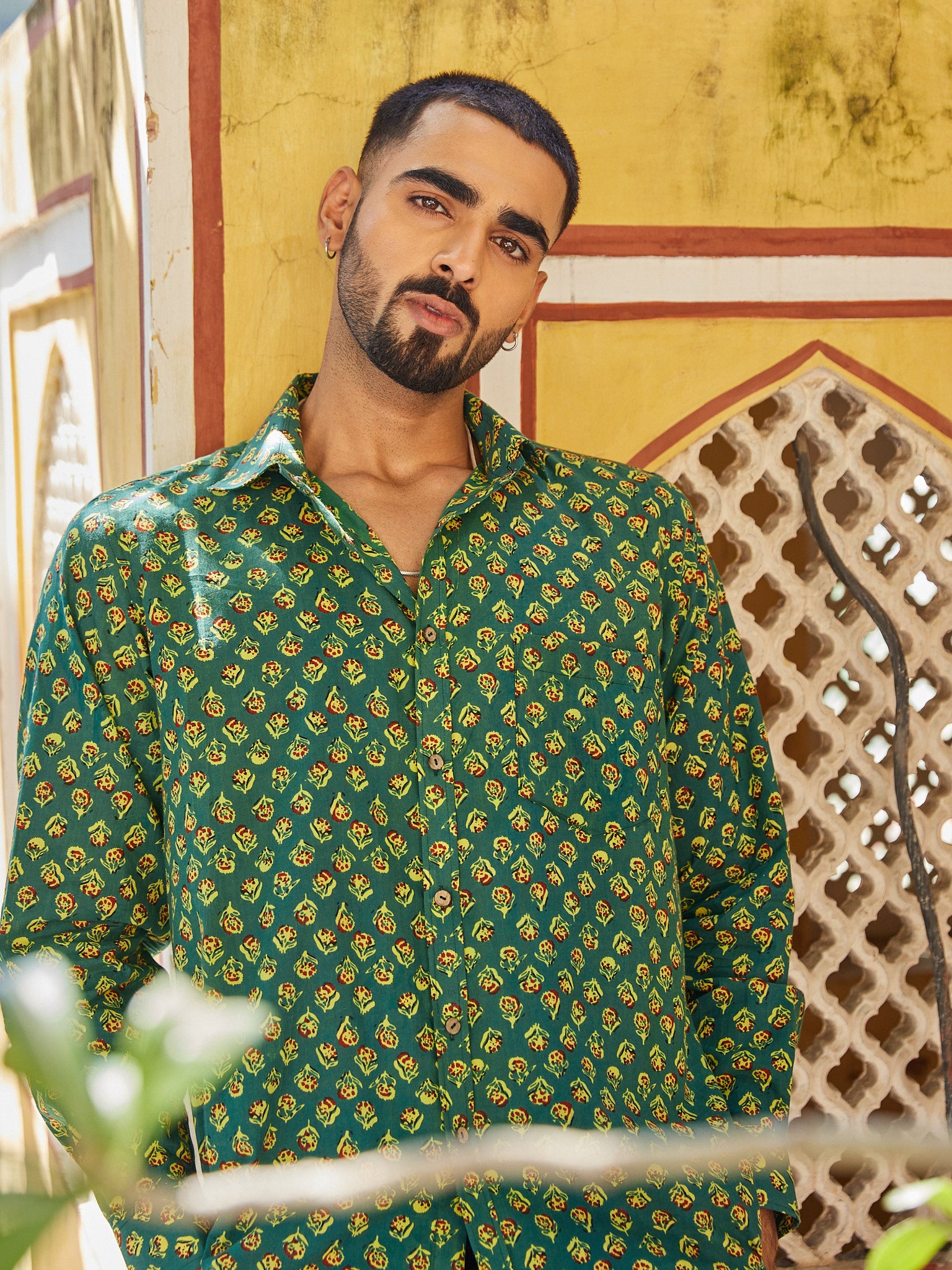 Cotton Men's Green-Mustard Floral Fullsleeves Shirt