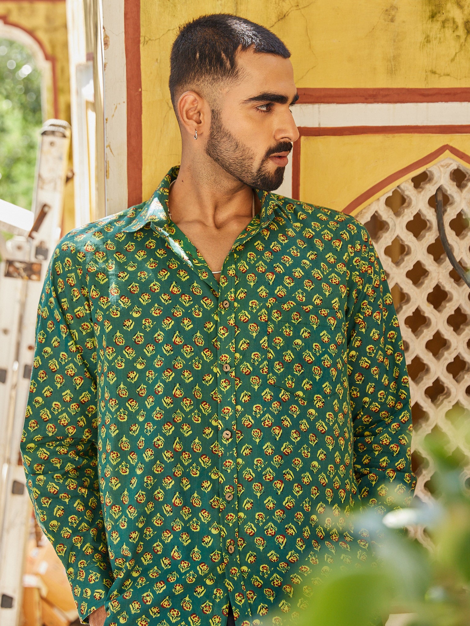 Cotton Men's Green-Mustard Floral Fullsleeves Shirt