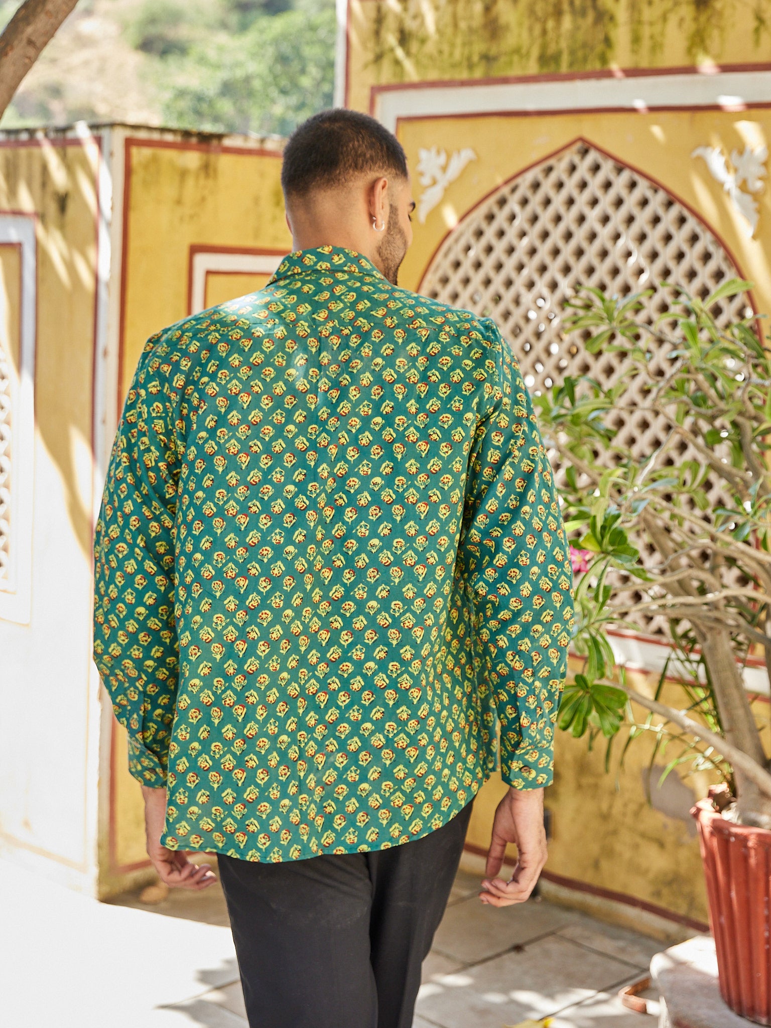 Cotton Men's Green-Mustard Floral Fullsleeves Shirt