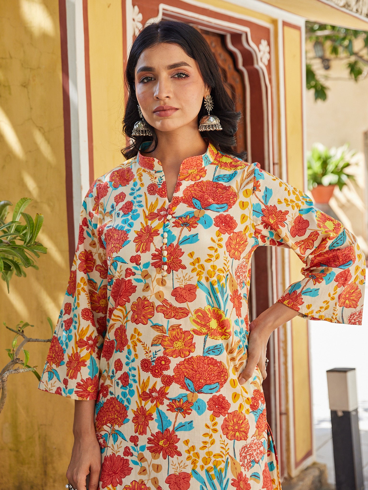 Cotton Women's Red Orange Floral Long Kurti