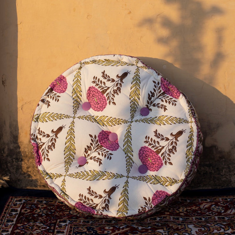 Cotton Floor Cushion Round Magenta Brown Marigold Print