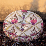 Cotton Floor Cushion Round Magenta Brown Marigold Print