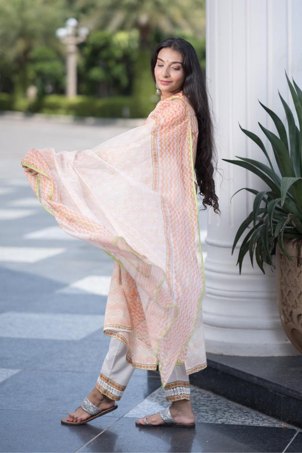 Dusky Tangerine Cotton Hand Block Printed Kurta Pant Dupatta Set (6848593690723)