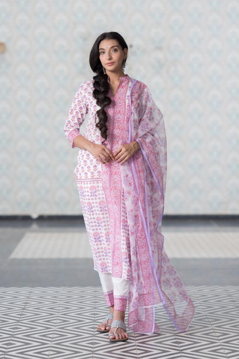 Lavender Pure Cotton Hand Block Printed Kurta Pant Dupatta Set (6848593428579)
