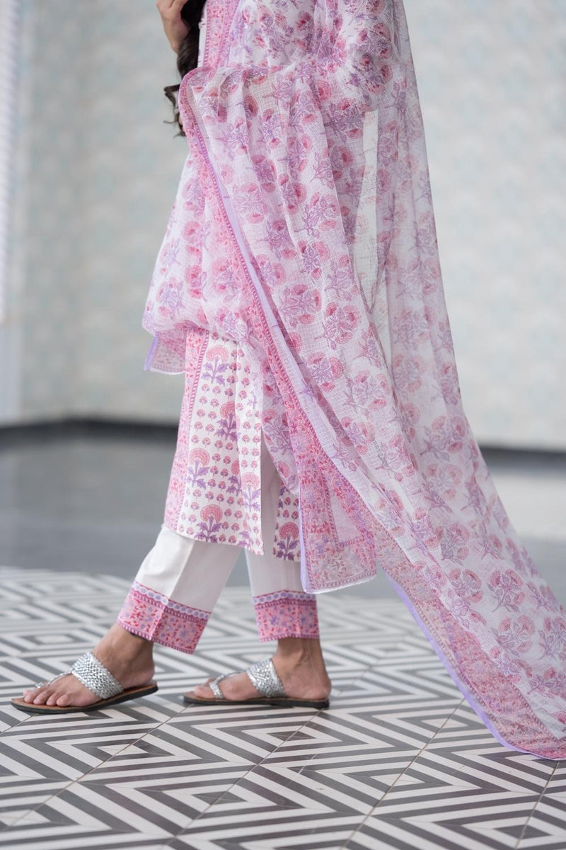 Lavender Pure Cotton Hand Block Printed Kurta Pant Dupatta Set (6848593428579)