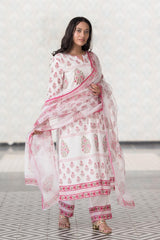 Mughal Pure Cotton Hand Block Printed Kurta Pant Dupatta Set (6848593330275)