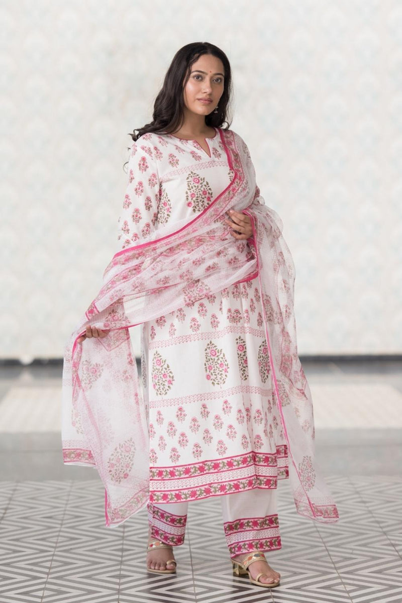 Mughal Pure Cotton Hand Block Printed Kurta Pant Dupatta Set (6848593330275)