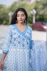 Sky Blossom Cotton Hand Block Printed Kurta Pant Dupatta Set (6848593494115)
