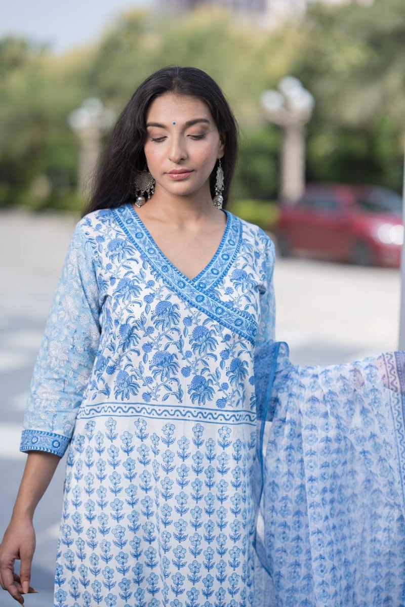 Sky Blossom Cotton Hand Block Printed Kurta Pant Dupatta Set (6848593494115)