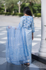 Sky Blossom Cotton Hand Block Printed Kurta Pant Dupatta Set (6848593494115)