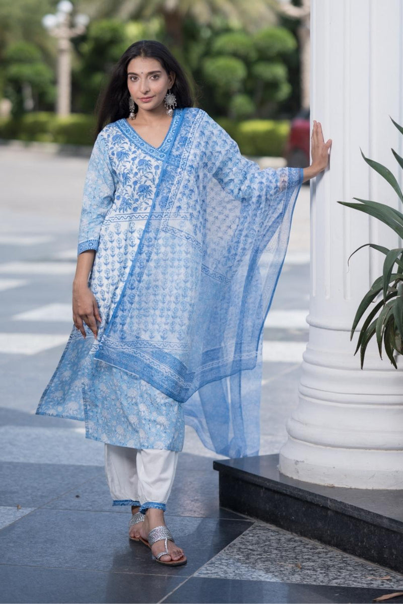 Sky Blossom Cotton Hand Block Printed Kurta Pant Dupatta Set (6848593494115)