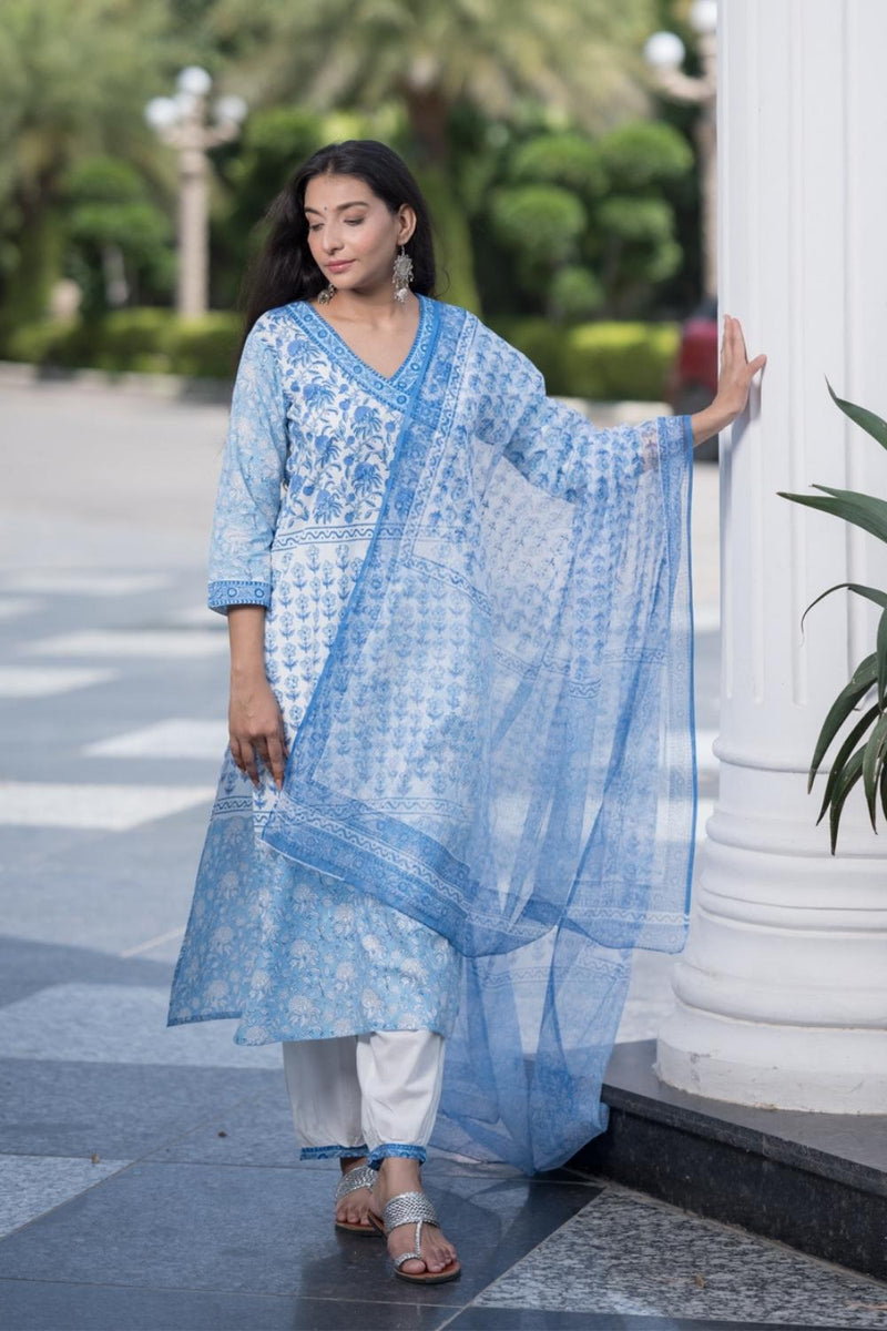 Sky Blossom Cotton Hand Block Printed Kurta Pant Dupatta Set (6848593494115)