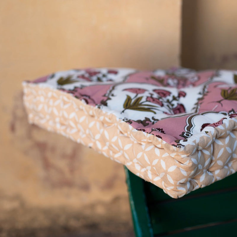Cotton Floor Cushion Square Pink Green Mughal Jaali Print