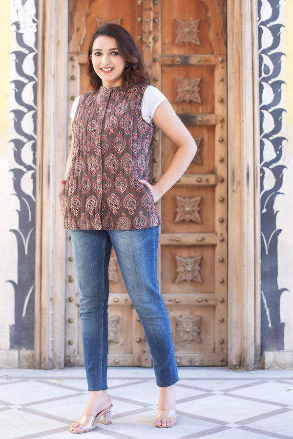 Reversible Quilted Sleeveless Jacket - Brown and Brick Red
