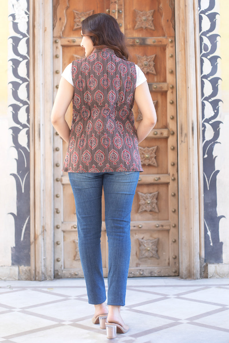 Reversible Quilted Sleeveless Jacket - Brown and Brick Red