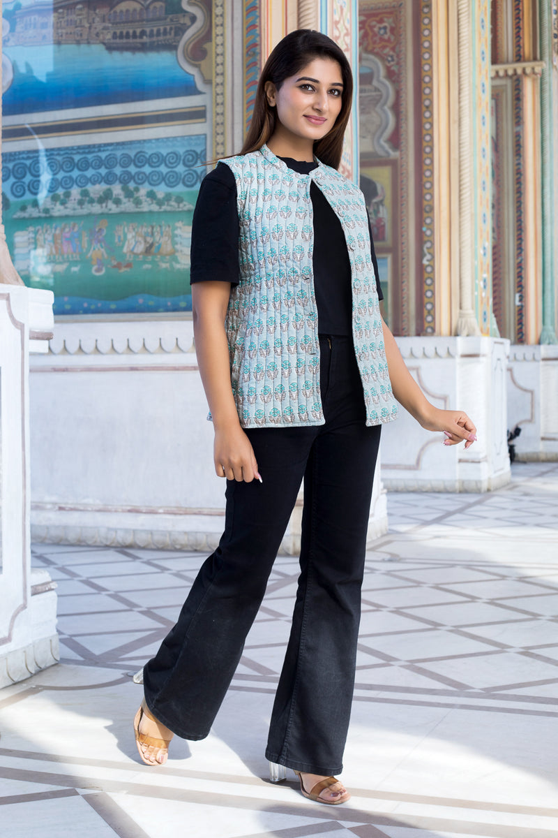 Quilted Sleeveless Jacket - Sage green and Grey - Buti - Phool