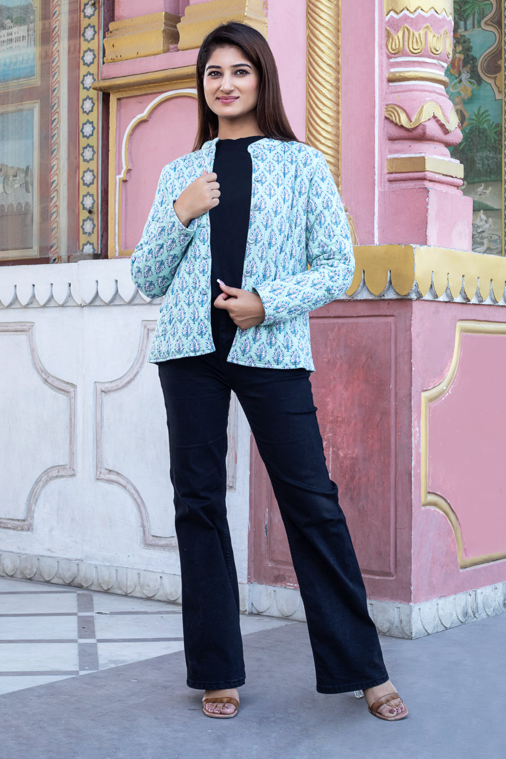 Cotton Reversible Quilted Full Sleeves Jacket | Green & Pink