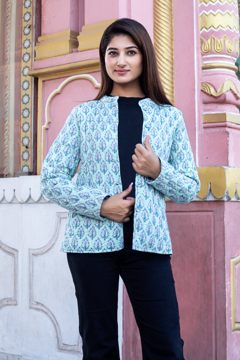 Cotton Reversible Quilted Full Sleeves Jacket | Green & Pink