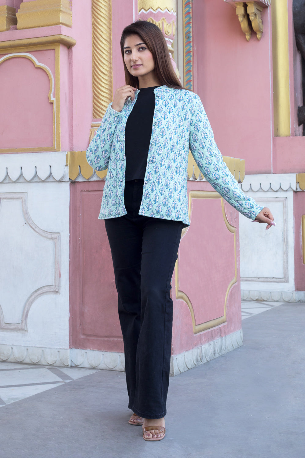 Cotton Reversible Quilted Full Sleeves Jacket | Green & Pink