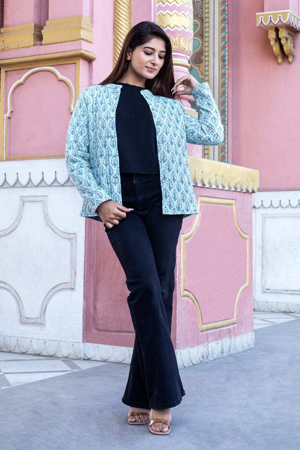 Cotton Reversible Quilted Full Sleeves Jacket | Green & Pink