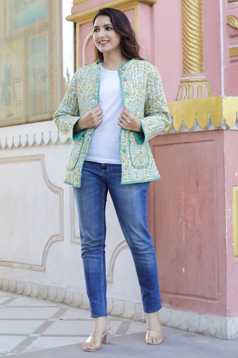 Cotton Quilted Jacket | Green & Mustard
