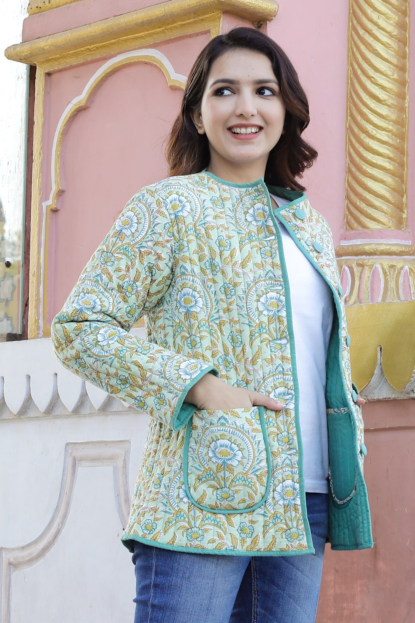 Cotton Quilted Jacket | Green & Mustard