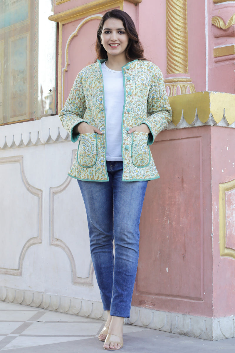 Cotton Quilted Jacket | Green & Mustard