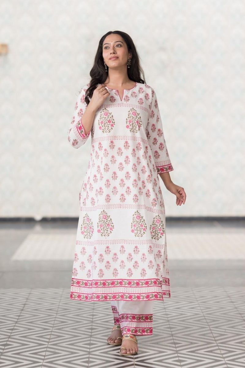 Mughal Pure Cotton Hand Block Printed Kurta Pant Dupatta Set (6848593330275)