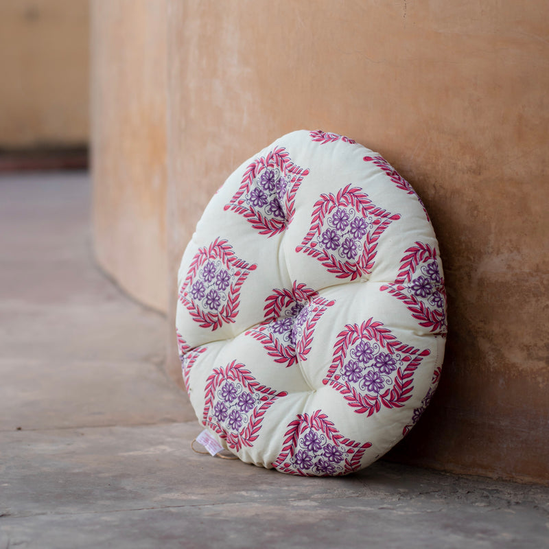 Cotton Chair Cushion Round Purple Pink Floral Print