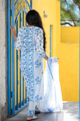 Snow White Pure Cotton Hand Block Printed Kurta Pant Dupatta Set (6848593395811)