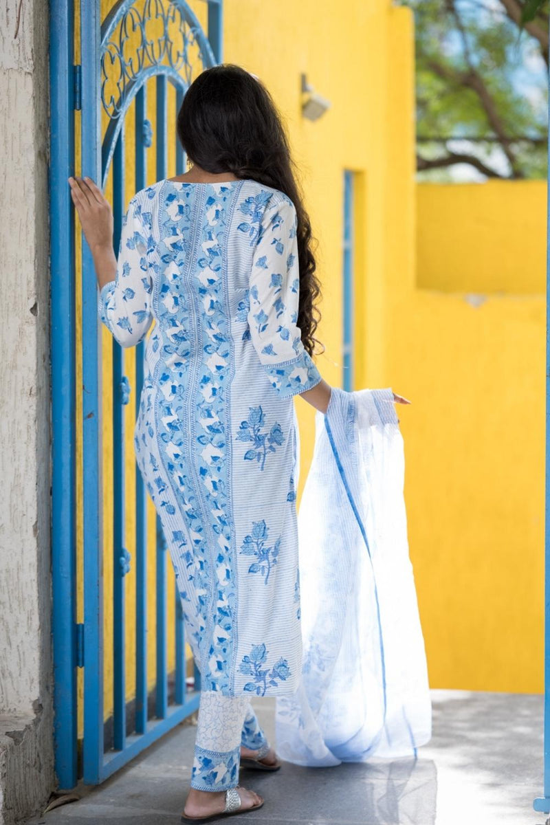 Snow White Pure Cotton Hand Block Printed Kurta Pant Dupatta Set (6848593395811)