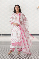 Mughal Pure Cotton Hand Block Printed Kurta Pant Dupatta Set (6848593330275)