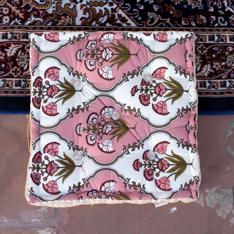 Cotton Floor Cushion Square Pink Green Mughal Jaali Print