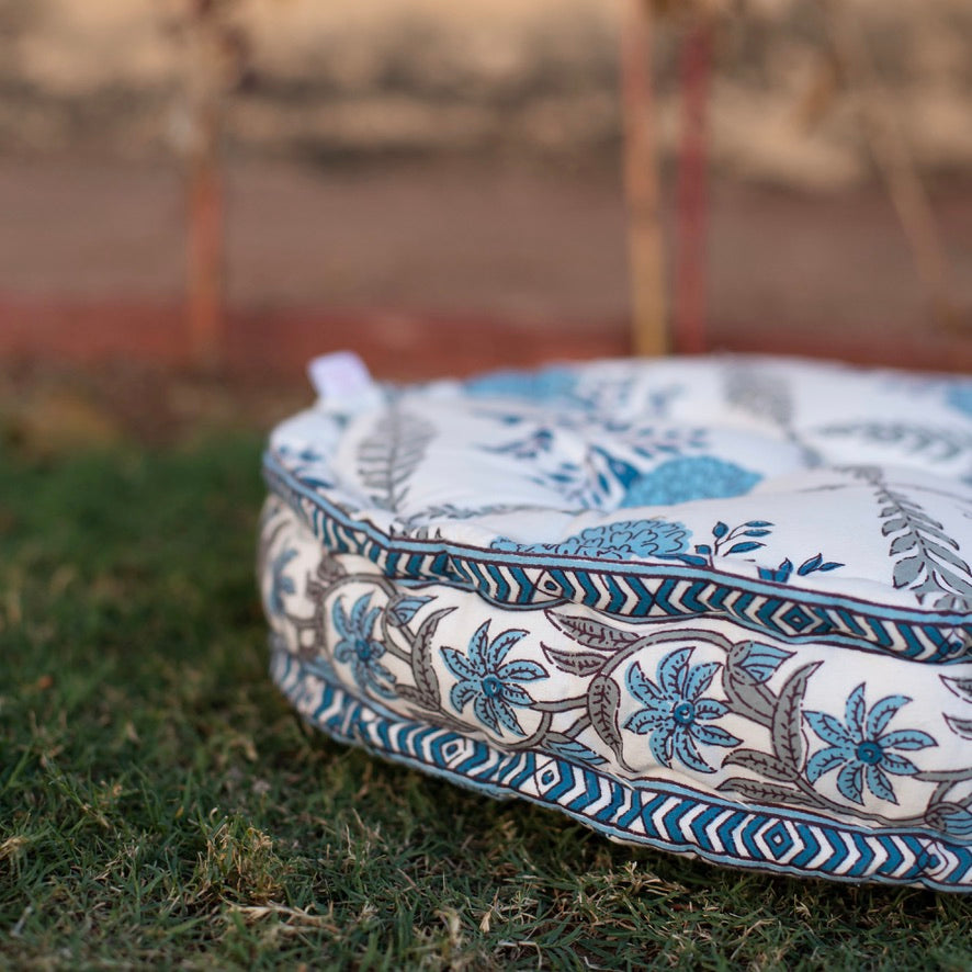 Cotton Floor Cushion Round Light Blue Grey Marigold Print