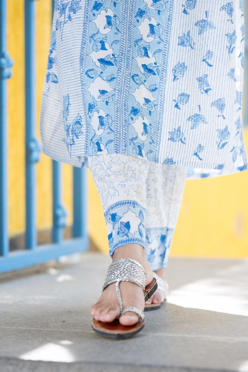 Snow White Pure Cotton Hand Block Printed Kurta Pant Dupatta Set (6848593395811)