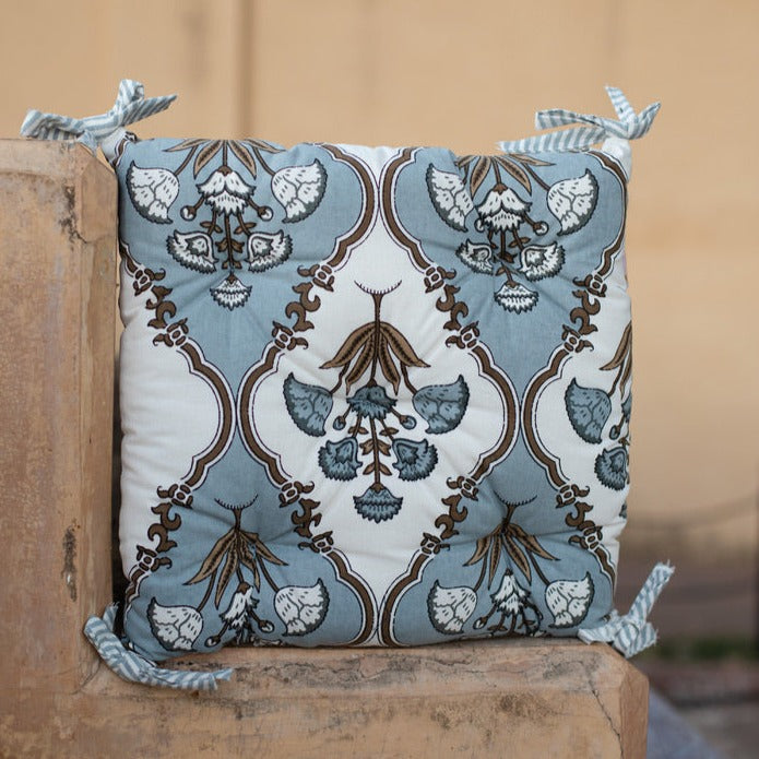Cotton Chair Cushion Square Grey Brown Mughal Jaali Print